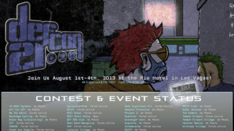 An image of the site promoting Def Con 21, a large annual gathering of hackers in Las Vegas. The meeting's leader is asking federal workers to stay away from this year's event. Def Con.