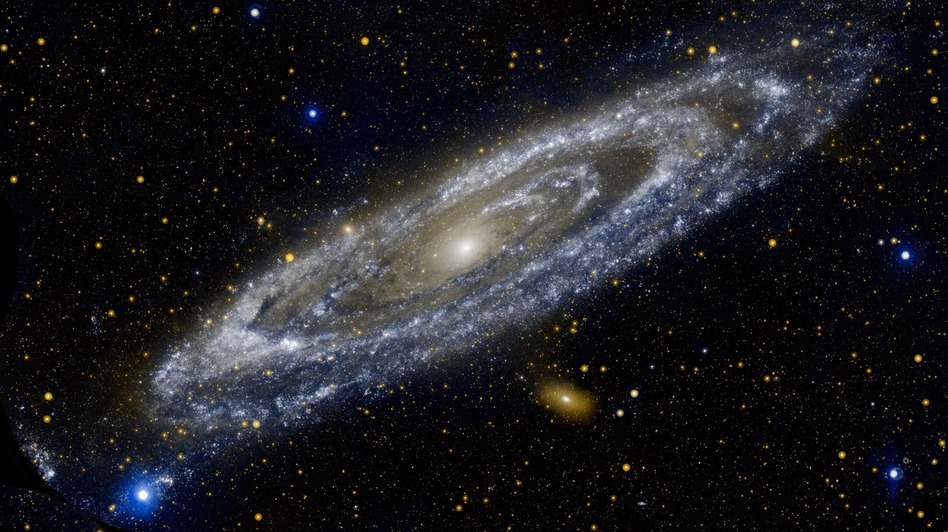 "The Galaxy Next Door" — This composite image of the Andromeda galaxy was produced by NASA's Galaxy Evolution Explorer, showing Andromeda's ultraviolet side. NASA sent a decommission command to the space telescope Friday. NASA