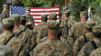 U.S. troops at an April reenlistment ceremony in Jalalabad, Afghanistan. Manjunath Kiran/AFP/Getty Images