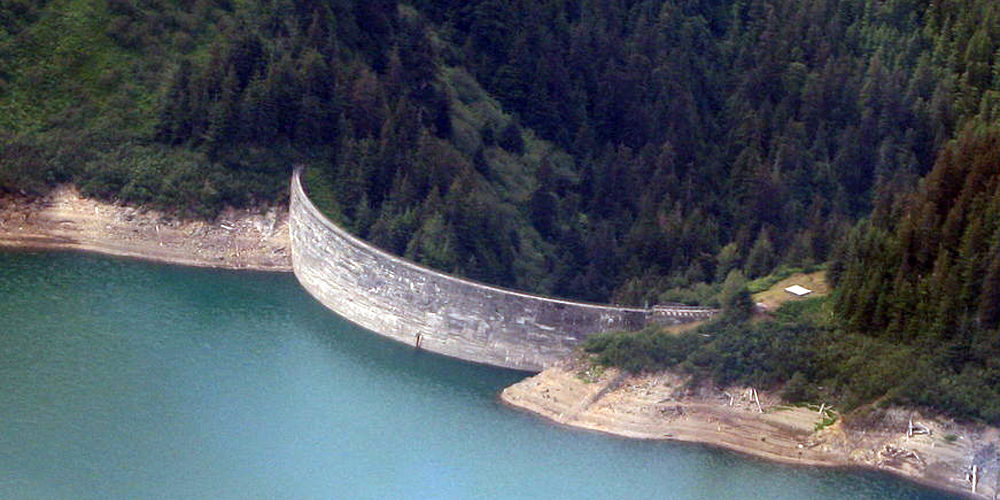 The Salmon Creek Dam, pictured here in July 2010, was built in 1914. It was the first of its kind in the world and still generates electricity for Juneau.