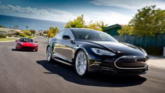 Tesla Motors has outsold several luxury carmakers in California in 2013, on the strength of its Model S, seen here in the foreground. The Telsa Roadster is behind it. James Lipman/Telsa
