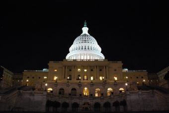The U.S. Capitol at night.