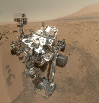 A self portrait mosaic of the Mars Curiosity Rover inside the Gale Crater. NASA