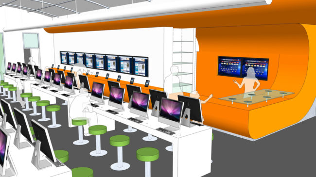 An artist's rendering shows computer stations at the new BiblioTech bookless public library in Bexar County, Texas. The library is holding its grand opening Saturday. Courtesy of Bexar County 