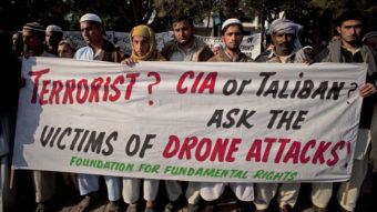 Pakistani tribal villagers hold a rally in the capital, Islamabad, in 2010 to condemn U.S. drone attacks on their villages. B.K. Bangash/Associated Press