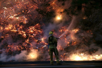 A firefighter uses a hose to douse the flames of the Rim Fire on Saturday near Groveland, California. Justin Sullivan/Getty Images