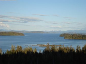 A view of Edna Bay from the top of a mountain looking out to Sea Otter Sound. (Image courtesy Edna Bay website)
