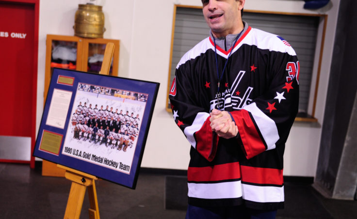 After completing day one of his two-day hockey clinic, Steve MacSwain talked about the 1980 U.S. Hockey Team’s photo and the 22-year journey to collect the signatures. MacSwain donated the photo to JDIA, which framed the photo for permanent display at Treadwell Ice Arena.