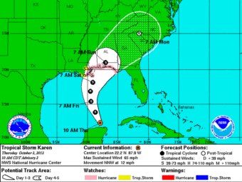 The storm track forecast for Karen. National Hurricane Center, Miami