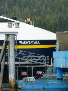 Crew check the Fairweather while docking in Petersburg in 2014. It and the Chenega could be tied up for most of the fall, winter and spring.(Photo by Ed Schoenfeld/CoastAlaska News)