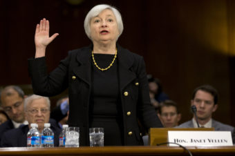 Janet Yellen, President Obama's nominee to become the next chairman of the Federal Reserve Board, is sworn in Thursday on Capitol Hill for her confirmation hearing. Jacquelyn Martin/AP