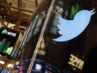 Will it fly? The Twitter bird logo was decorating a post on the floor of the New York Stock Exchange Wednesday. Richard Drew/AP