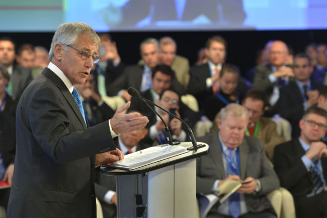 U.S. Defense Secretary Chuck Hagel delivers the keynote address at the Halifax International Security Forum in Halifax, Nova Scotia, Nov. 22, 2013. Hagel and his defense counterparts met to discuss key global defense-related matters. DOD photo by Glenn Fawcett