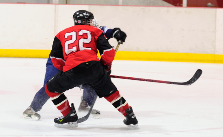 Juneau defenseman Michael Dale closes off a lane to a Soldotna opponent in a weekend series at Treadwell Ice Arena