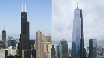 The Willis Tower (left) in Chicago, photographed on Feb. 15. One World Trade Center (right) in New York City, photographed in November. Saul Loeb/Getty Images / Mark Lennihan/AP