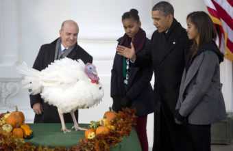 President Barack Obama, with daughters Sasha, second from left, and Malia, right, bestows a presidential pardon on Popcorn, the turkey, in a White House Thanksgiving tradition. Carolyn Kaster/AP