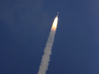A rocket carrying the Mars orbiter lifts off from the island of Sriharikota, India, on Tuesday. Arun Sankar K/AP