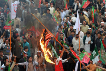 Thousands of Pakistani activists from right-wing political parties protested against U.S. drone strikes on Saturday. A Majeed /AFP/Getty Images