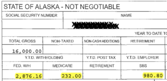 A representative’s office account pay stub shows that over $4,000 automatically went to federal taxes or the representative’s own retirement fund.