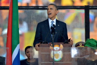 President Obama delivers a speech during the memorial service for late South African President Nelson Mandela at Soccer City Stadium in Johannesburg Tuesday. Alexander Joe /AFP/Getty Images