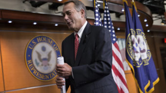 House Speaker John Boehner leaves a news conference Thursday, after criticizing conservative groups that he said held too much sway in Republican politics, "pushing our members in places where they don't want to be." J. Scott Applewhite/AP