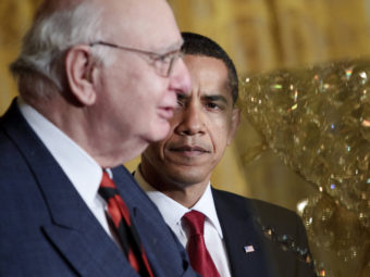 President Obama with Paul Volcker at the White House in 2009. Volcker, who headed the President's Economic Recovery Advisory Board, lent his name to a new rule aimed at curbing risk-taking on Wall Street. Brendan Smialowski/Getty Images