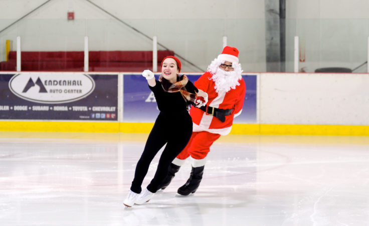 Laurie Balstad brings Santa on to the ice for a final series of dances and curtain call to include Mrs. Claus and all of Sunday’s performers at Treadwell Ice Arena.