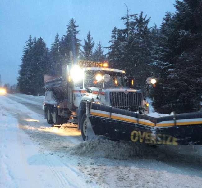 A snow plow on Glacier Highway last Friday morning. (Photo by Sarah Yu/KTOO)