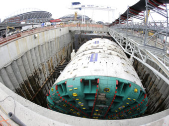 In this photo made with a fisheye wide-angle lens, "Bertha" is shown in July as it prepares to begin tunneling in Seattle. Ted S. Warren/AP
