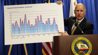 Gov. Jerry Brown holds a chart showing California's average precipitation as he declares a drought state of emergency for the state Friday. Brown asked residents to voluntarily reduce water usage by 20 percent. Justin Sullivan/Getty Images