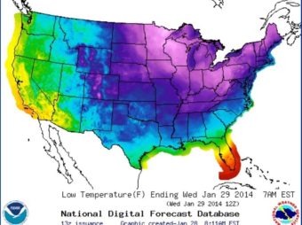 Tuesday night's forecast for the lower 48 states shows temperatures below freezing (the shades of blue and purple) across most of the nation. National Weather Service