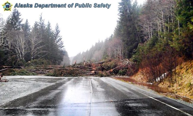 This Alaska Department of Public Safety photo shows a slide blocking a road on Prince of Wales Island.