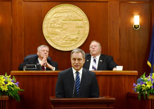 Gov. Sean Parnell addressed the Alaska Legislature Wednesday in his fifth State of the State. Photo by Skip Gray/Gavel Alaska. 