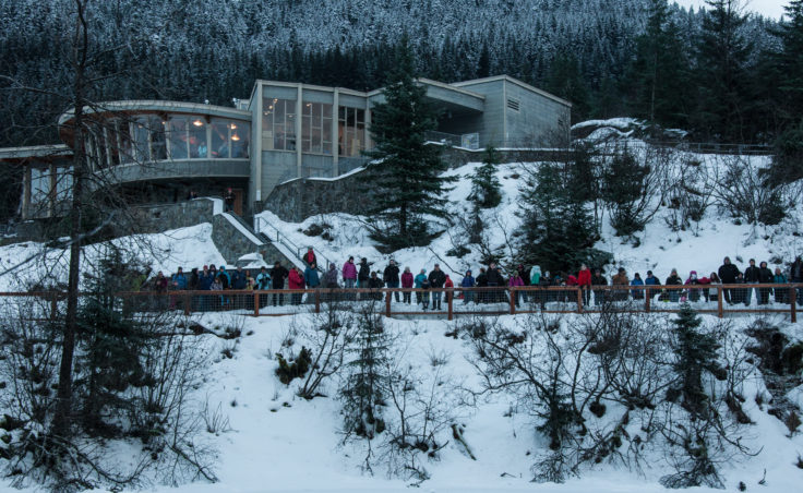 People line the walkway to watch the ice rescue demonstration. (Photo by Greg Culley)