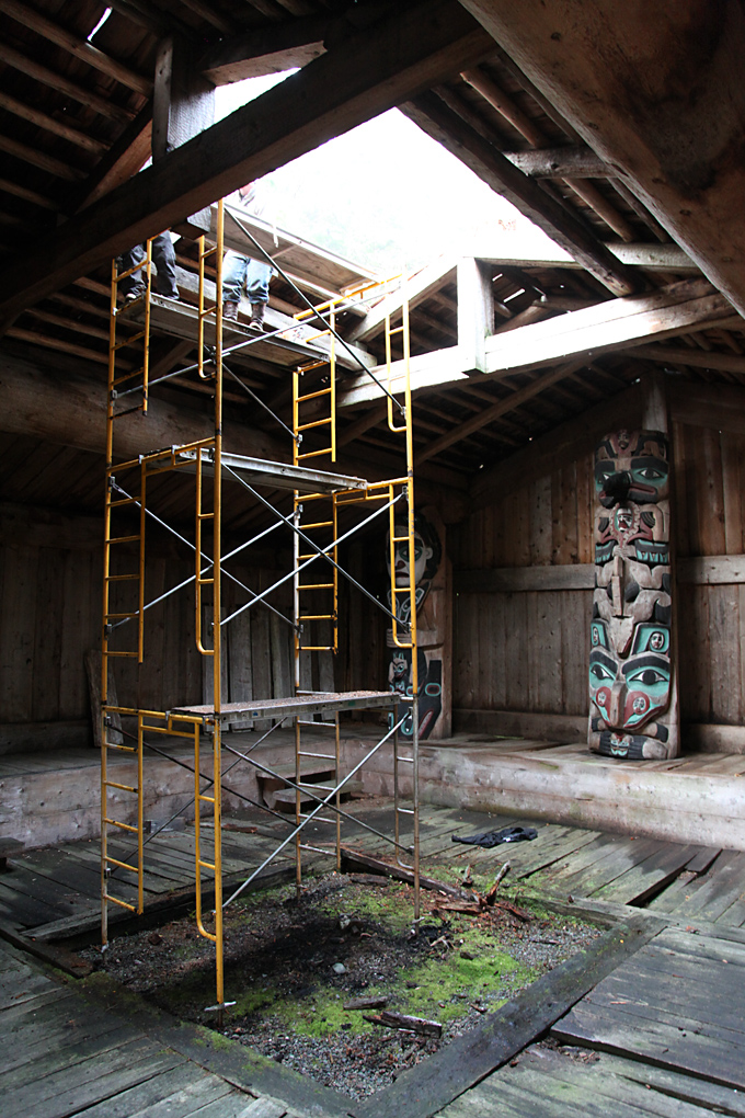 Scaffolding allows repairs to the Kasaan Whale House smokehole, which was damaged by rot. (Organized Village of Kasaan.)