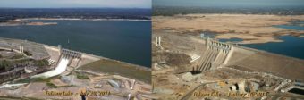 Images of Folsom Lake, a reservoir in Northern California, show the severity of the state's drought. The photo at left, taken on July 20, 2011, show the lake at 97 percent of total capacity and 130 percent of its historical average for that date. The photo at right shows the lake on Jan. 16, 2014, when it was at 17 percent of capacity and 35 percent of its historical average. California Department of Water Resources