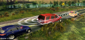 An illustration showing how a vehicle-to-vehicle communication system would work. U.S. Department Of Transportation