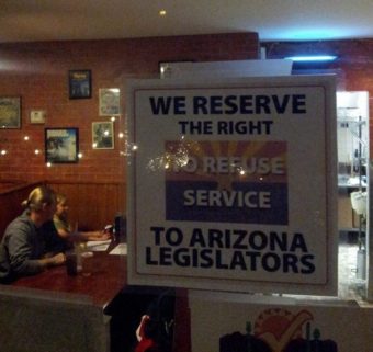 The Tucson restaurant Rocco's Pizzeria created a stir when it posted a sign in its dining room reacting to a new Arizona bill that would allow businesses to refuse to serve gays and others if they offend proprietors' religious beliefs. Rocco's Pizzeria