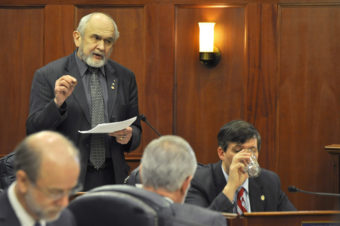 Sen. Fred Dyson speaks on the floor of the Alaska Senate, Feb. 10, 2014. (Photo by Skip Gray/Gavel Alaska)