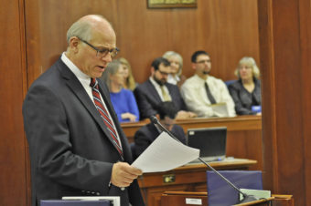 Sen. John Coghill speaks on the floor of the Alaska Senate, Feb. 10, 2014. (Photo by Skip Gray/Gavel Alaska)
