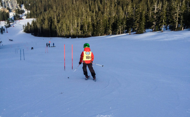 Malachi Peimann, age 8, heads down the giant slalom course on Sourdough trail.