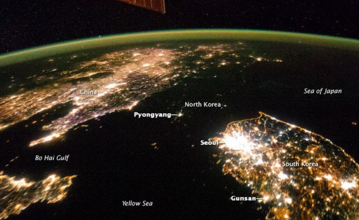 The same image of North Korea and its neighbors at night, with reference points added. NASA.gov