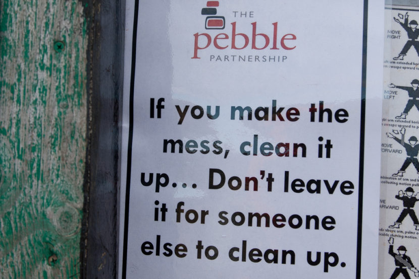 A Pebble Partnership sign at the drill site. (Photo by Jason Sear/KDLG)