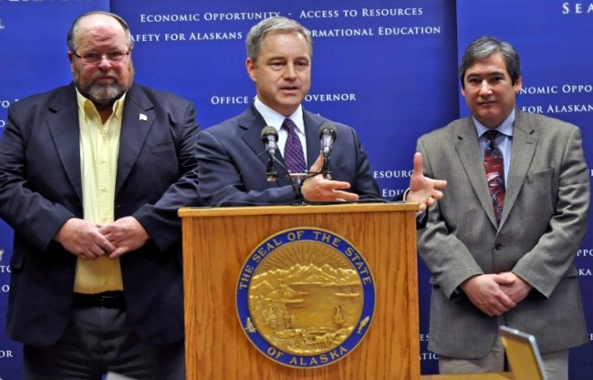 Gov. Sean Parnell explains why he appointed Sam Kito III (right) to the vacant HD 32 seat.  Juneau Mayor Merrill Sanford is on Parnell's left. (Photo by Skip Gray/Gavel Alaska.)  