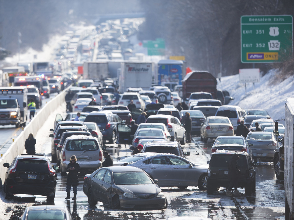 Vehicles are piled up in an accident on Friday in Bensalem, Pa. Matt Rourke/AP