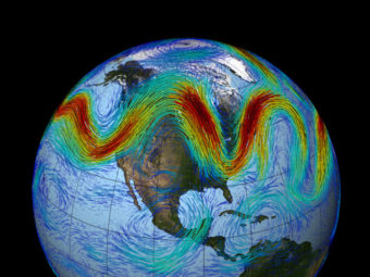 The jet stream that circles Earth's north pole travels west to east. But when the jet stream interacts with a Rossby wave, as shown here, the winds can wander far north and south, bringing frigid air to normally mild southern states. NASA/GSFC