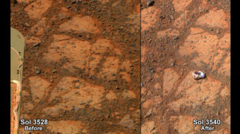 This composite image provided by NASA shows before-and-after images taken by the Opportunity rover on Mars of a patch of ground taken on Dec. 26, 2013, showing the "Pinnacle Island" rock. AP