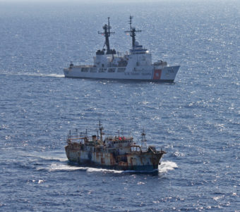 The crew of the Coast Guard Cutter Rush escorts the suspected high seas drift net fishing vessel Da Cheng in the North Pacific Ocean on August 14, 2012. (Photo courtesy U.S. Coast Guard)