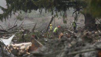 Crews work at the mudslide site Oso, Wash., Saturday, one week after a massive mudslide devastated a small community. Officials have dropped the number of missing people from 90 to 30. David Ryder/Getty Images