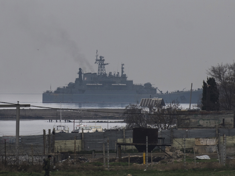 A Russian naval landing vessel enters one of the bays of Sevastopol, Crimea, on Sunday. Andrew Lubimov/AP